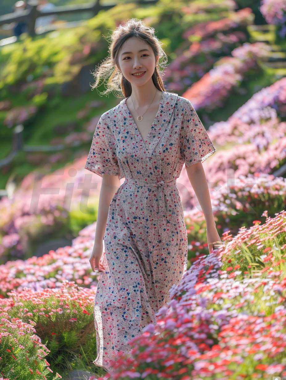 花畑を歩く爽やかな笑顔の女性