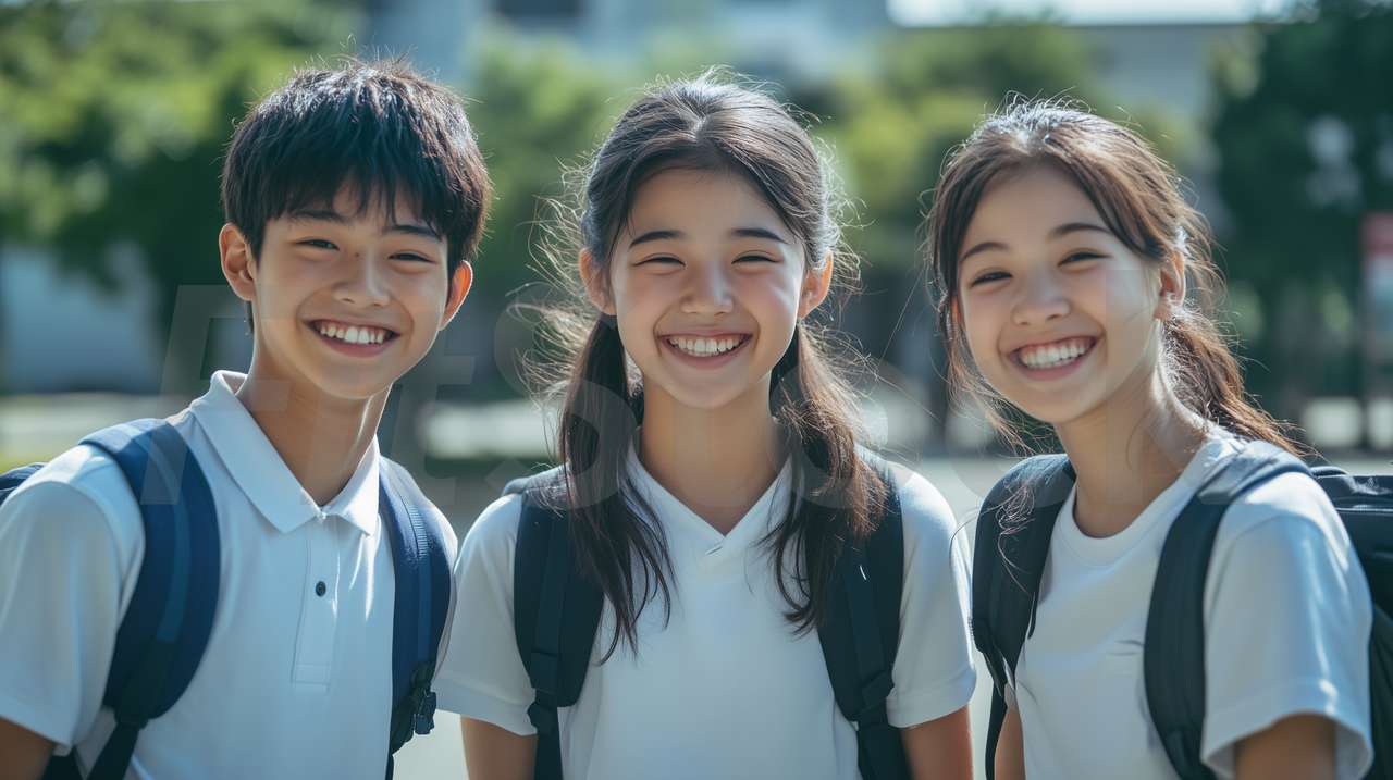 制服を着て笑顔で並ぶ3人の学生
