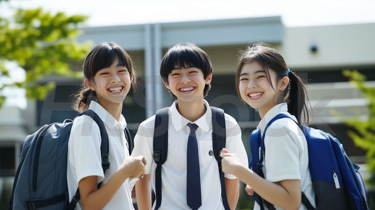 制服を着て笑顔で並ぶ3人の学生