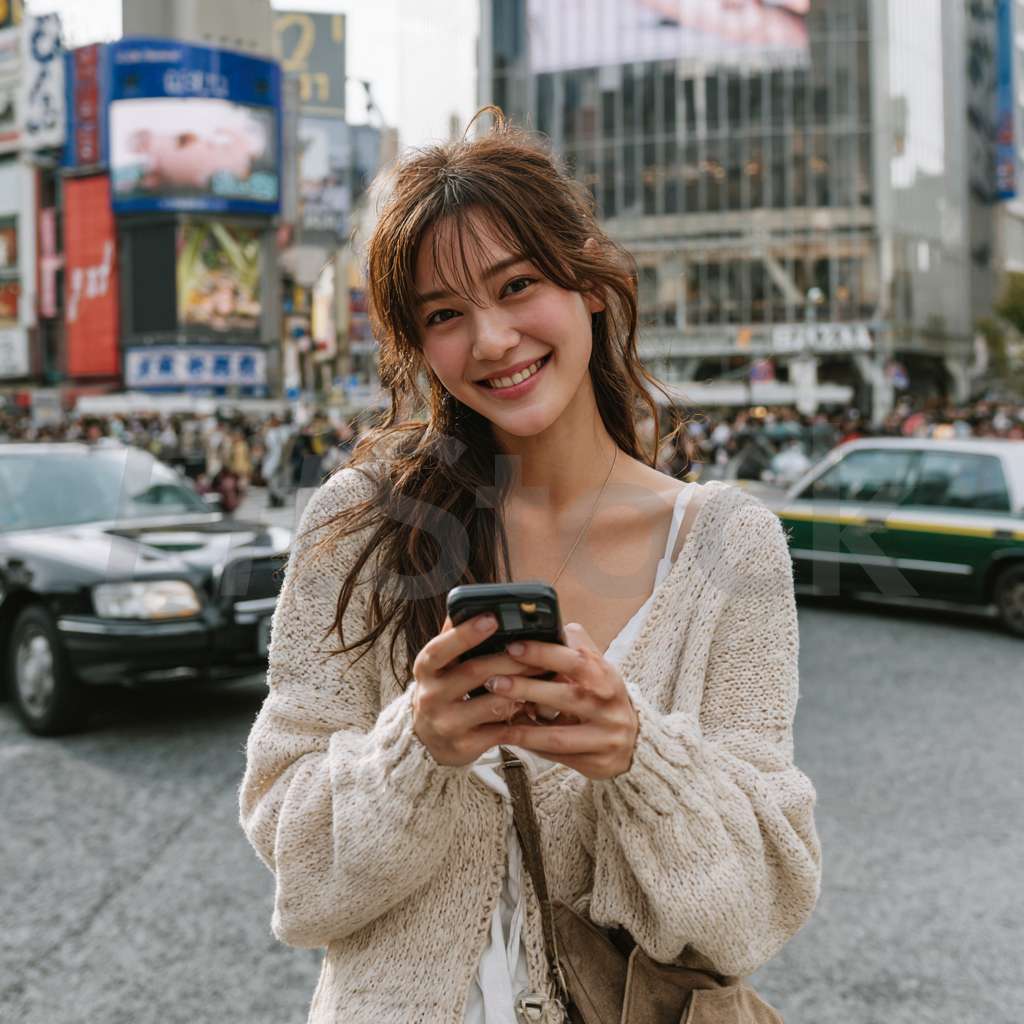 渋谷の街でスマホを見る笑顔の女性