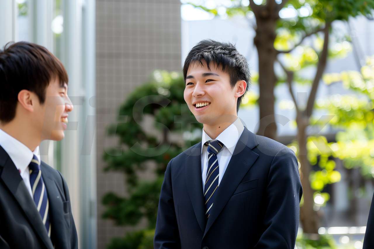 制服を着て笑顔で会話する男子学生たち