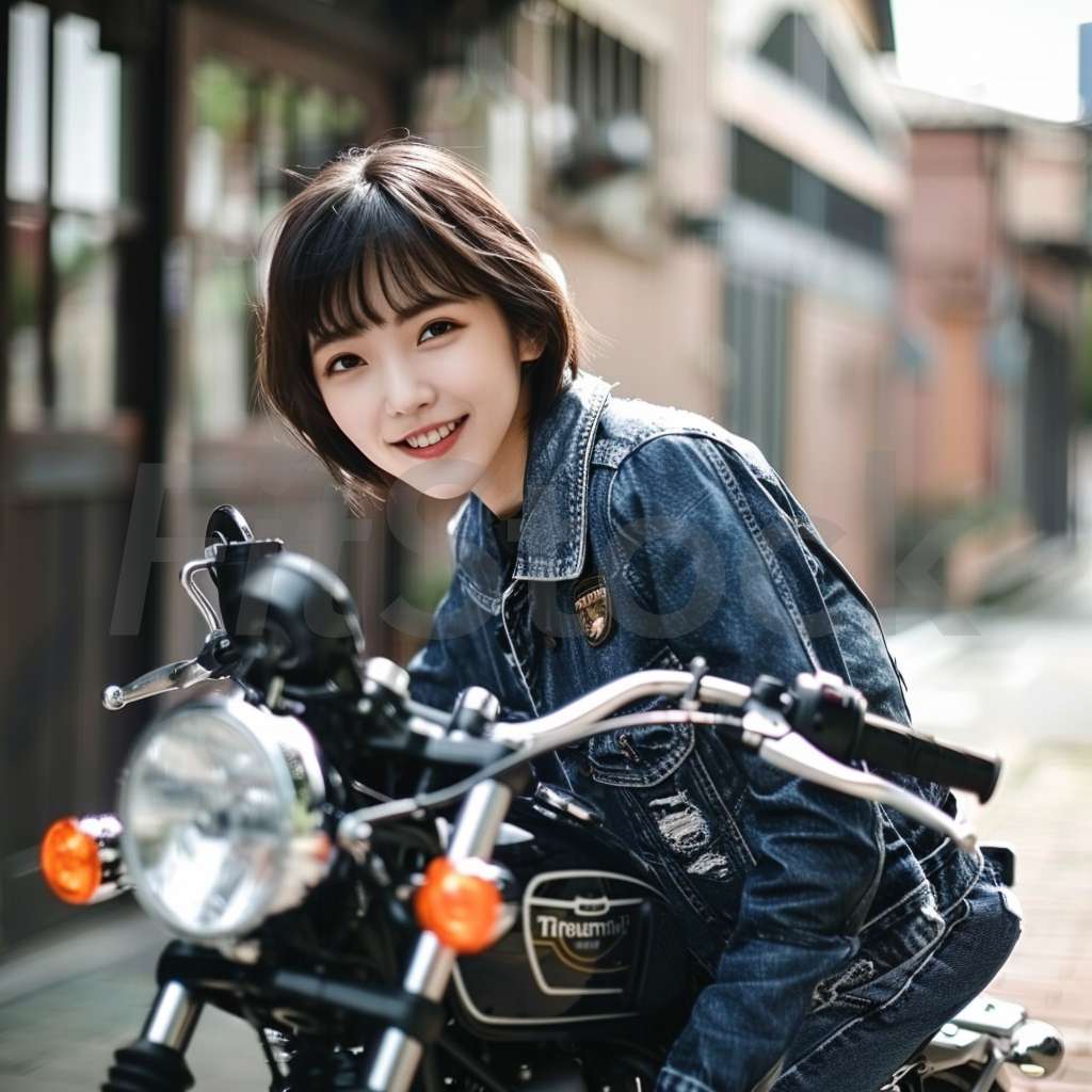 バイクに乗る笑顔の女性