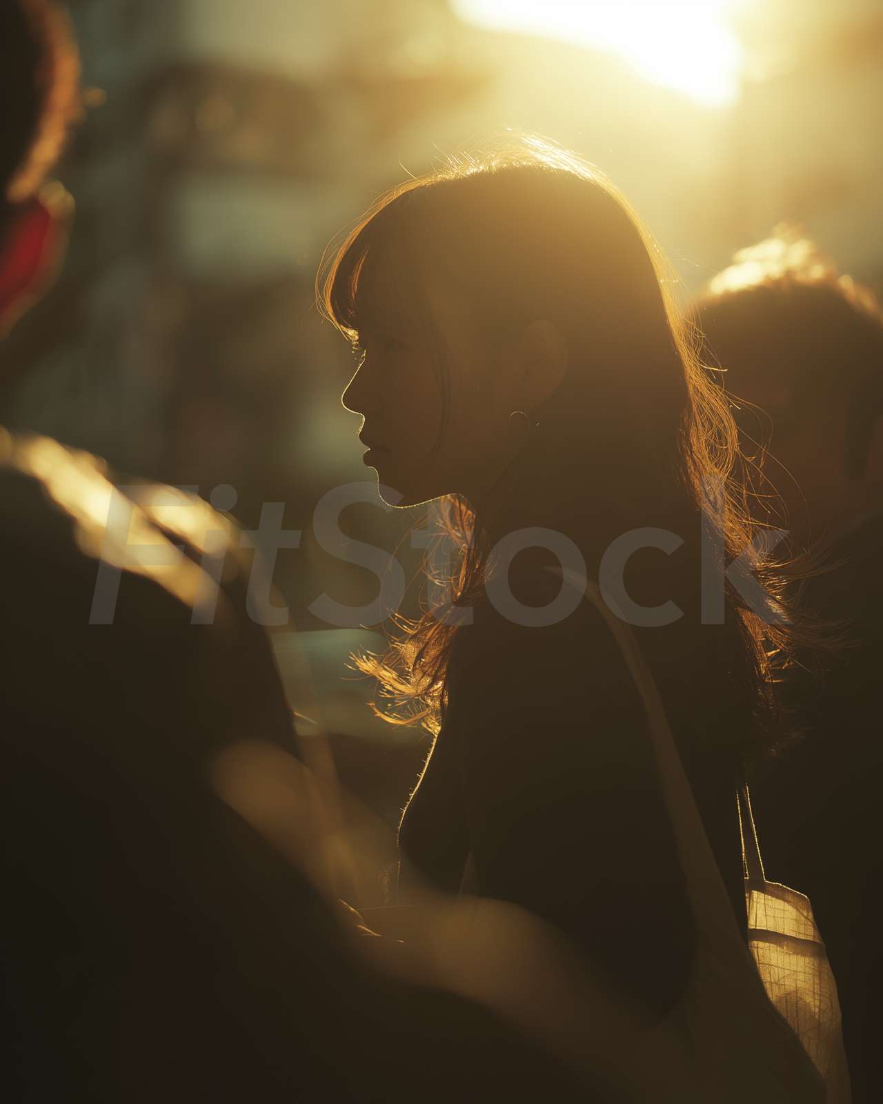 夕暮れ時に佇む女性の横顔シルエット