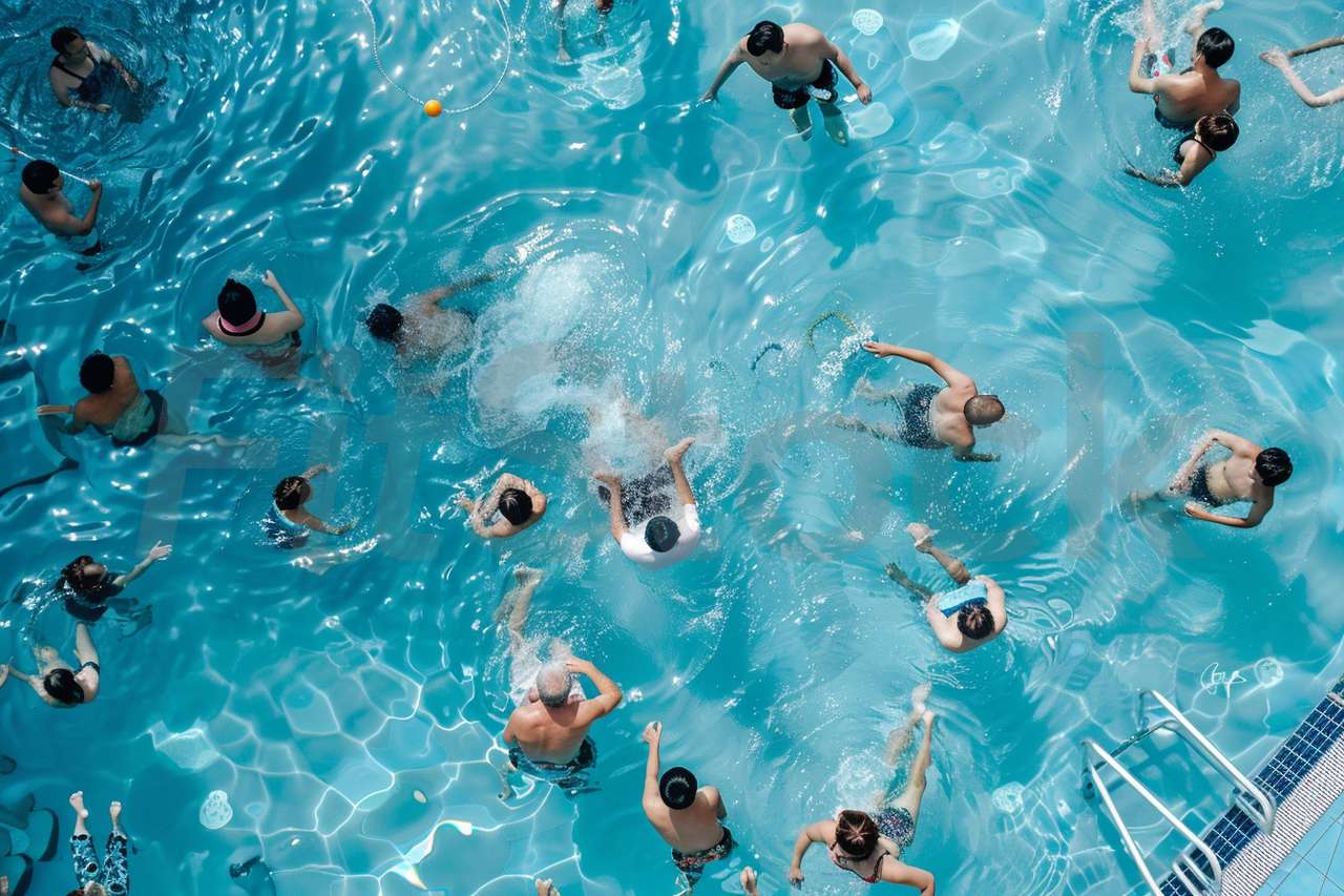 夏の屋外プールで泳ぐ大勢の人々