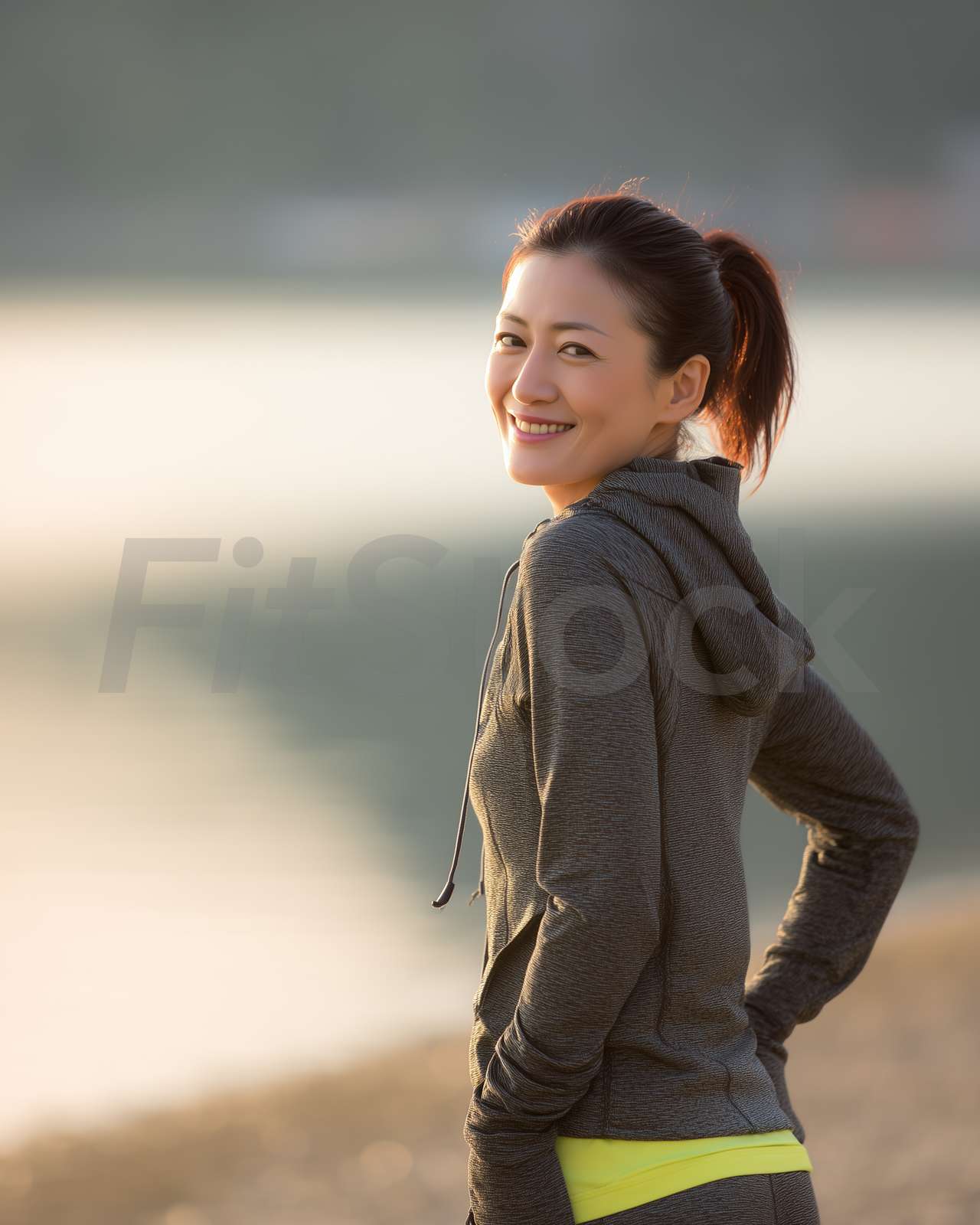 朝の海辺で微笑むスポーティーな女性