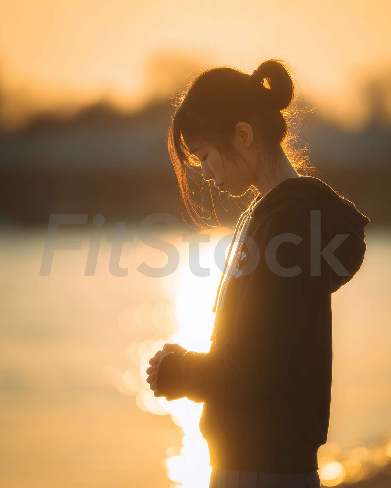 夕暮れ時に祈りを捧げる少女