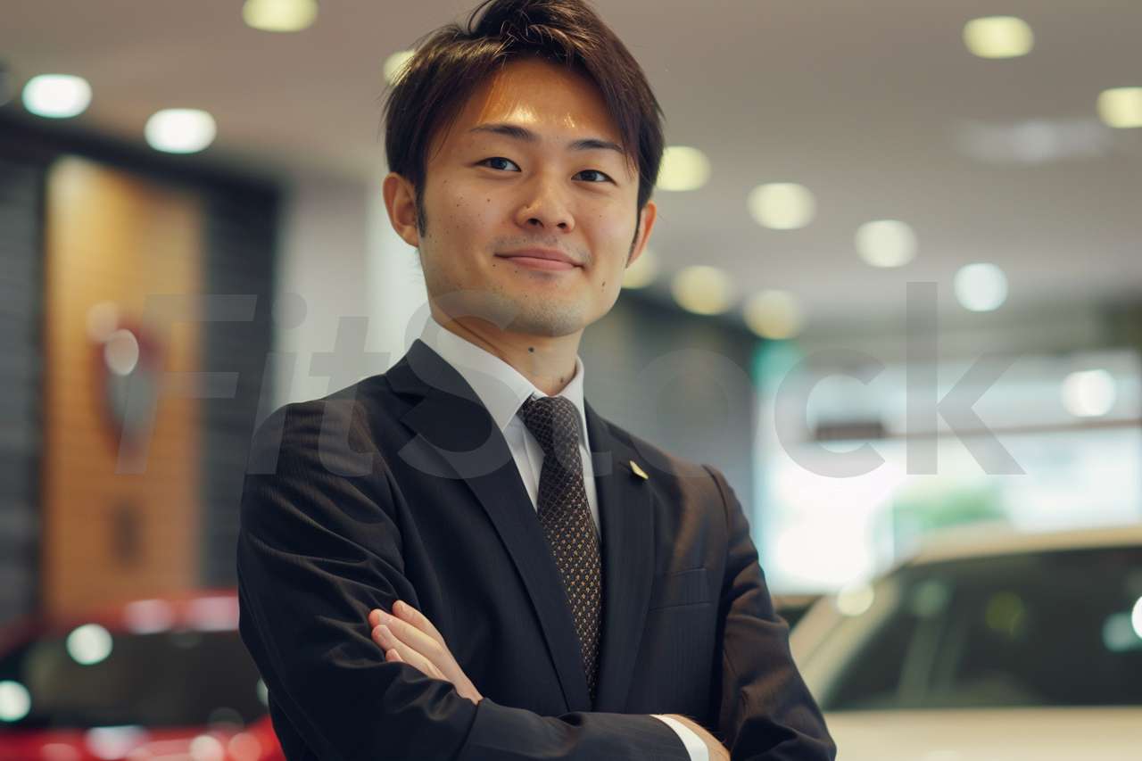 車のショールームで微笑む男性スタッフ