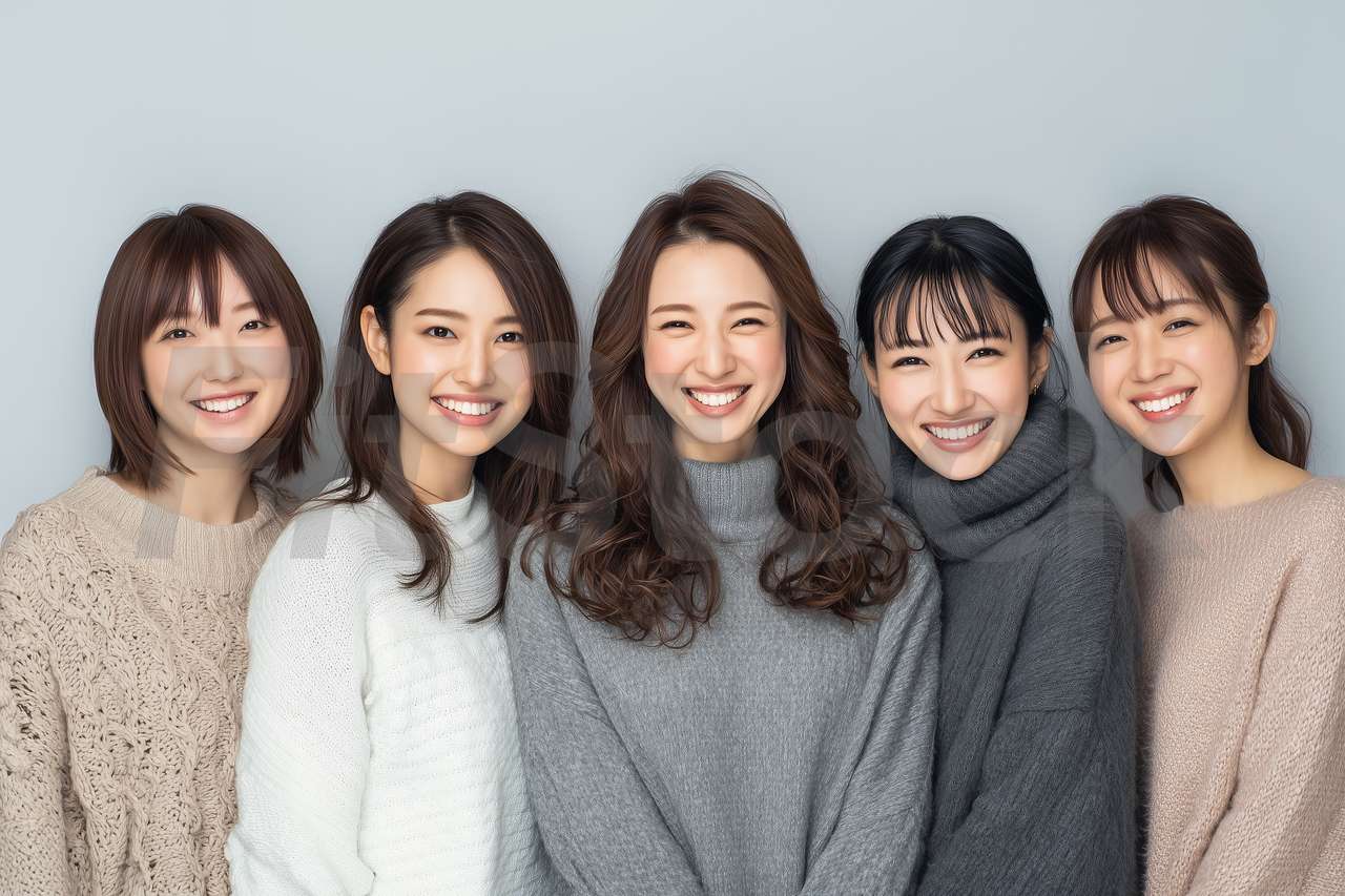 笑顔で並ぶ5人の若い女性たち