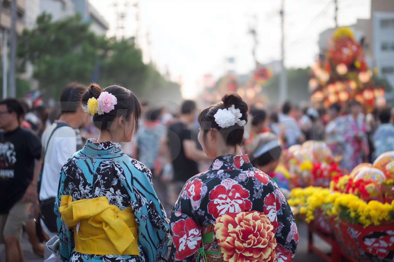 夏祭りの賑わいの中、浴衣姿で歩く二人