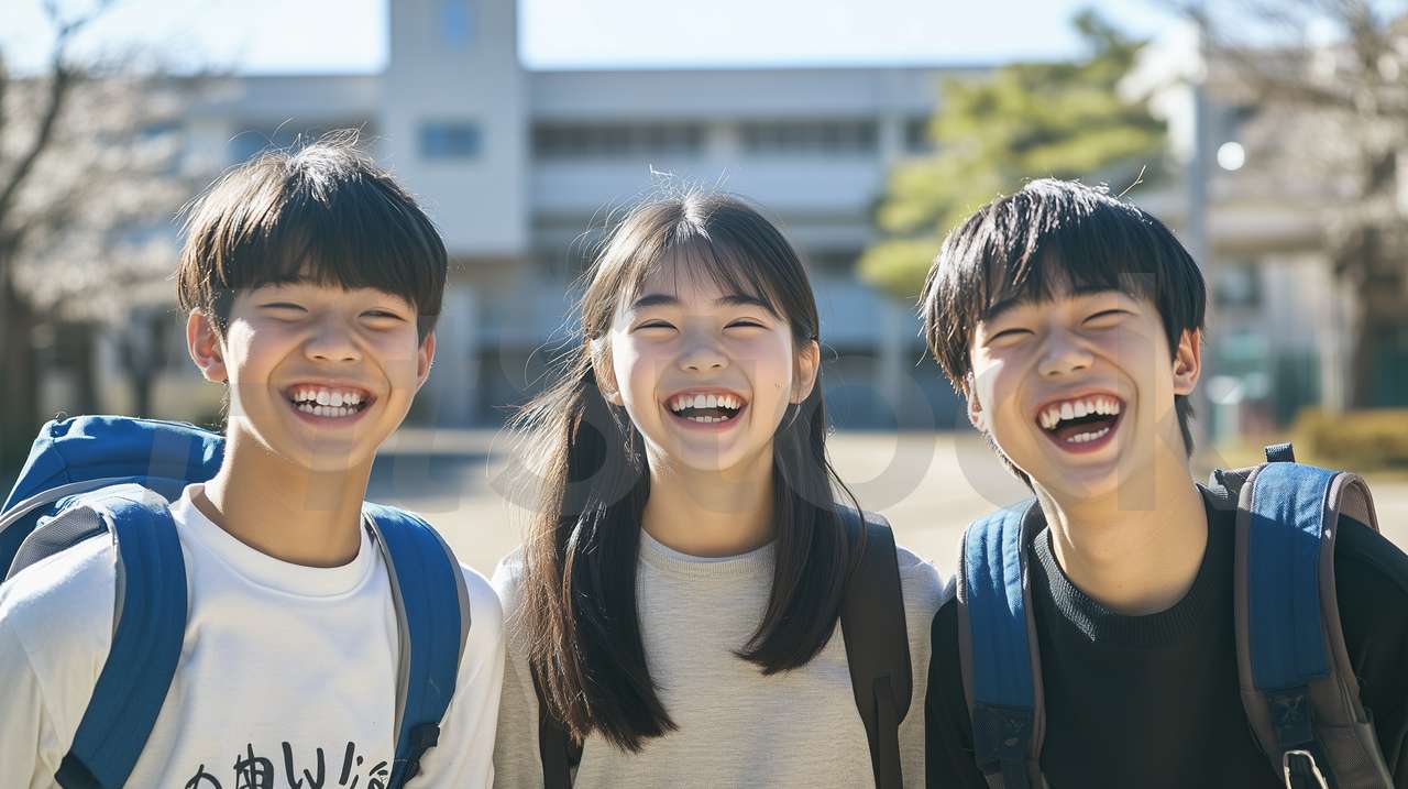 校庭で笑顔を見せる楽しそうな3人の学生