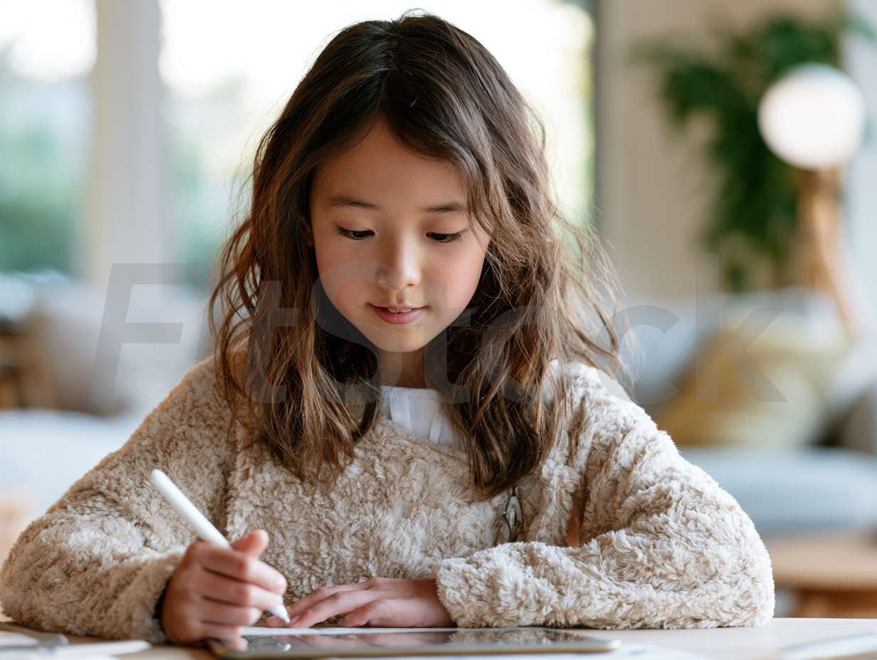 タブレットで学習する少女
