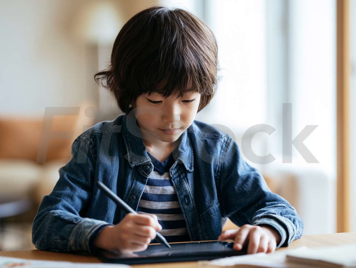 タブレットで学習する少年