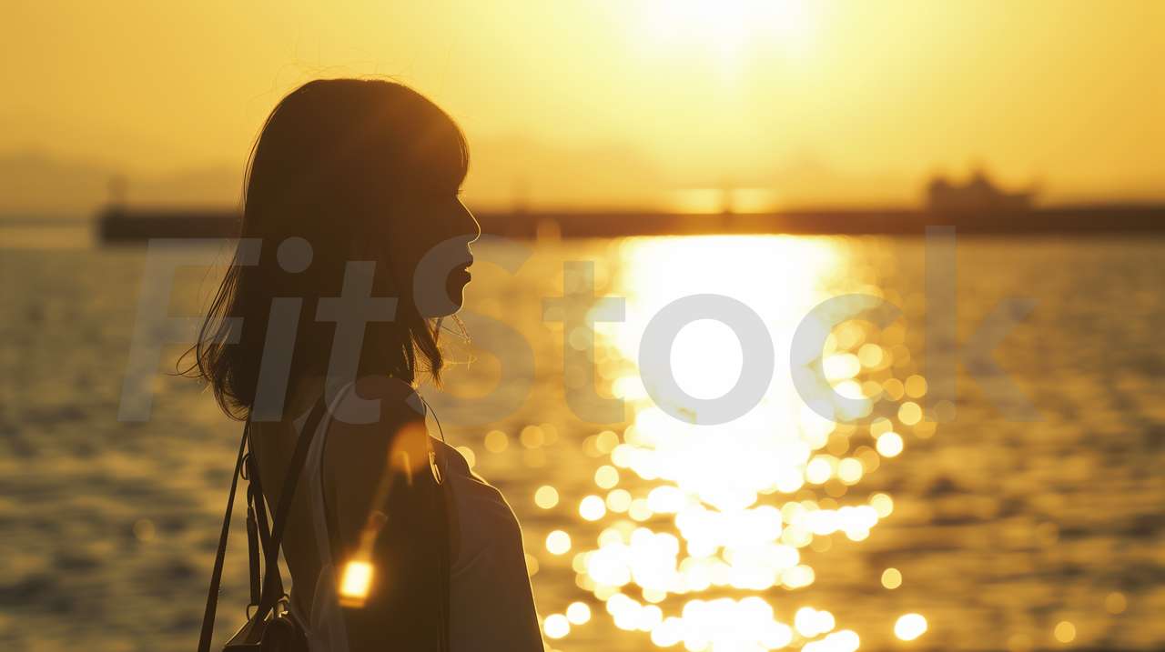 夕暮れの海辺に立つ女性のシルエット