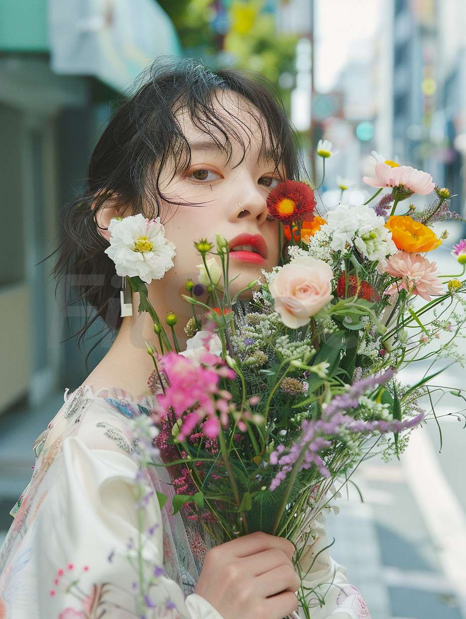 花束を抱える都会の女性