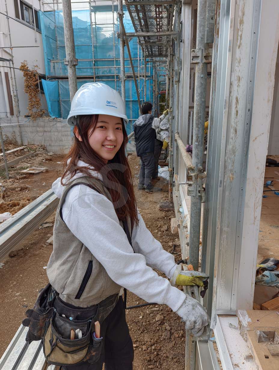 建設現場で働く笑顔の女性作業員