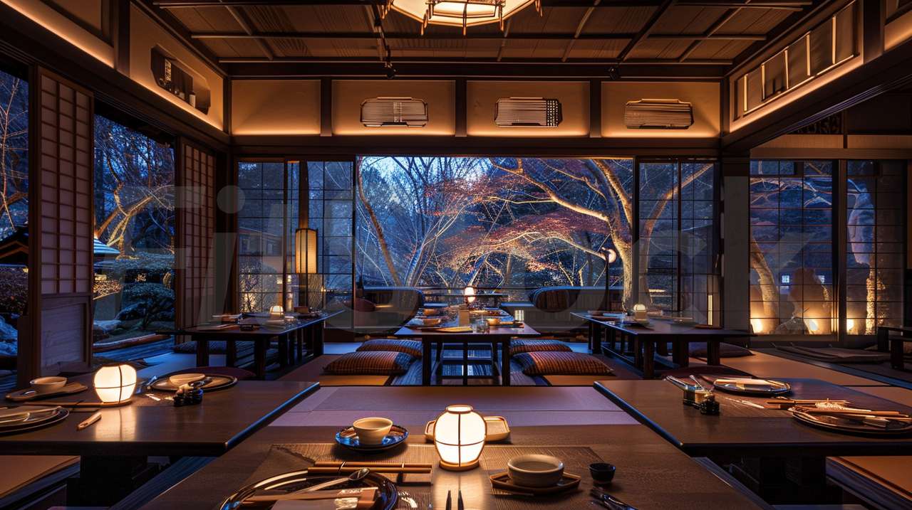 静寂に包まれた和風レストランの夜景