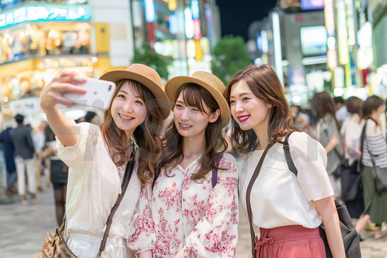 都会の夜、スマホで自撮りをする楽しそうな女性グループ