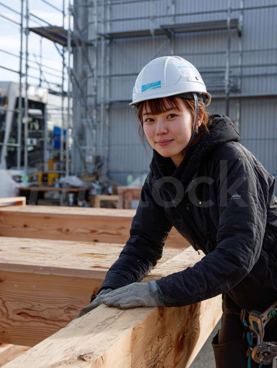 建設現場で作業する若い女性大工