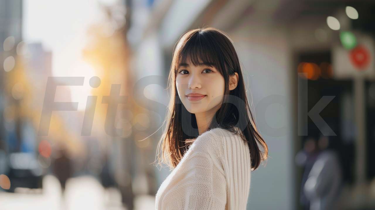 街角で微笑むナチュラルな雰囲気の若い女性