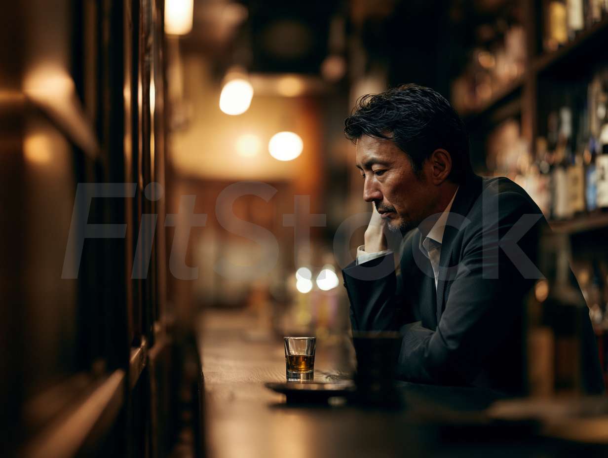 バーで一人酒を飲む疲れたビジネスマン