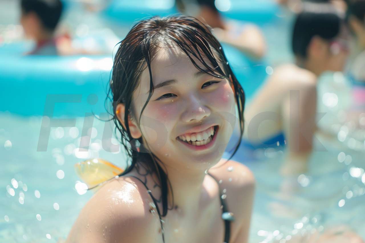 プールで笑顔を見せる若い女性