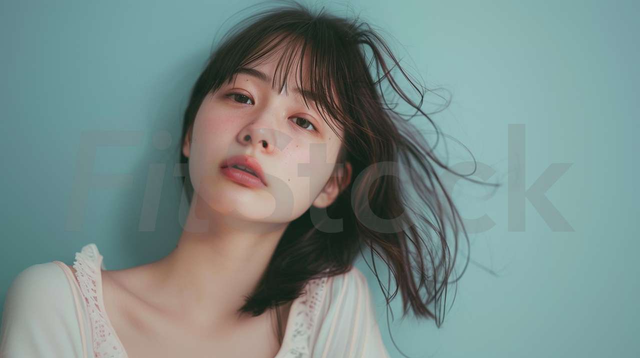青い背景の前に立つ自然体な女性のポートレート