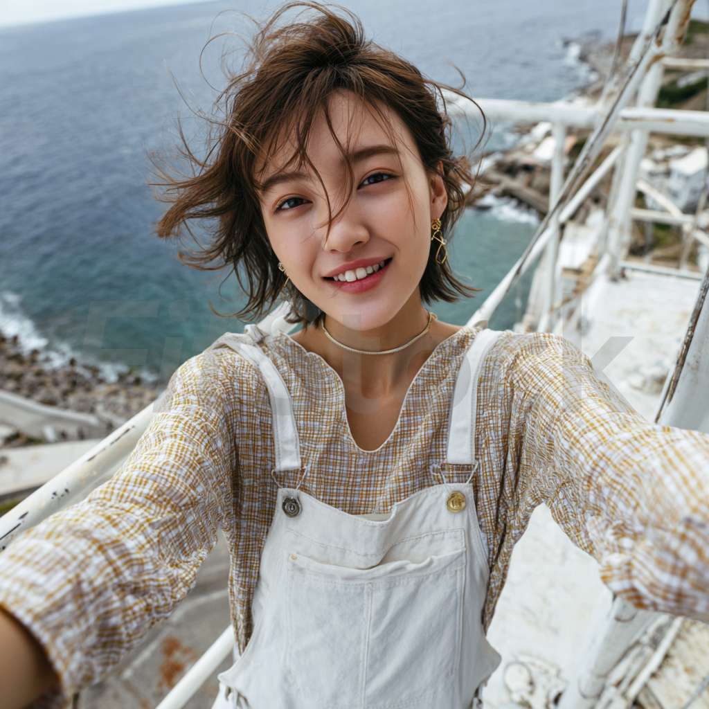 海辺で自撮りをする笑顔の若い女性