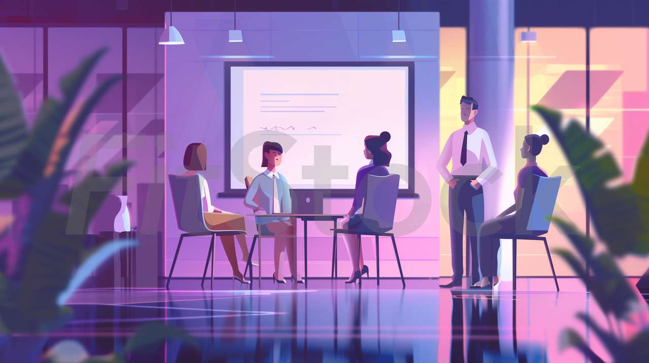オフィスで会議をするビジネスチームのイラスト