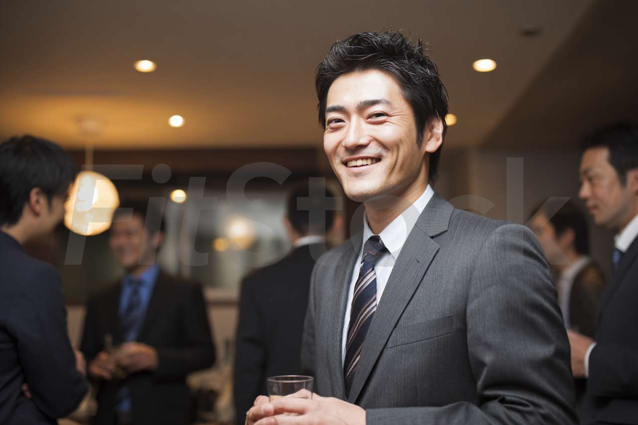 ビジネス交流会で笑顔を見せる男性会社員