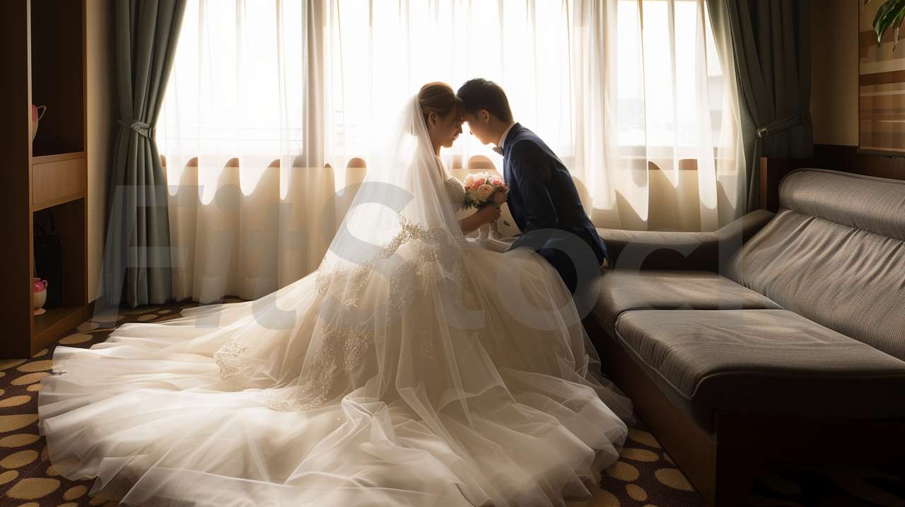 窓辺で寄り添う幸せな新郎新婦