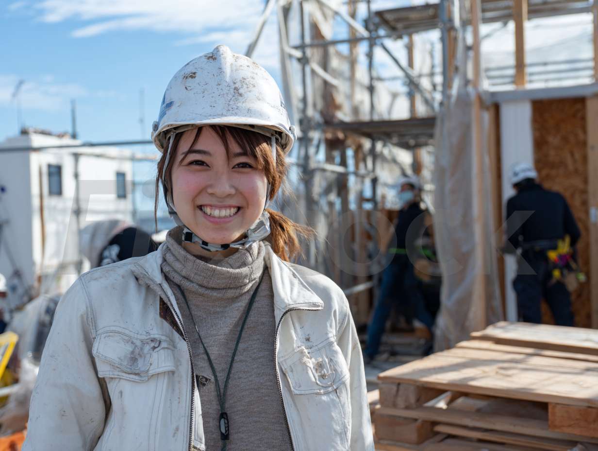 建設現場で笑顔を見せる女性建築家