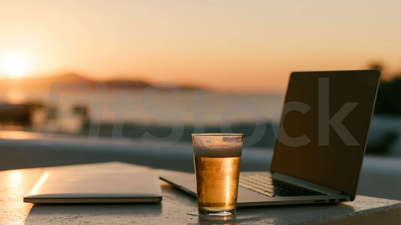 夕暮れの海辺でビールを片手にリモートワーク