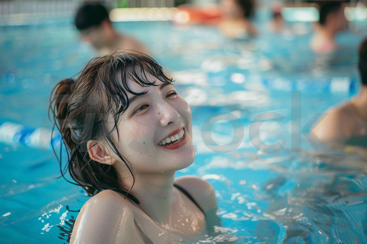 プールで笑顔を見せる若い女性