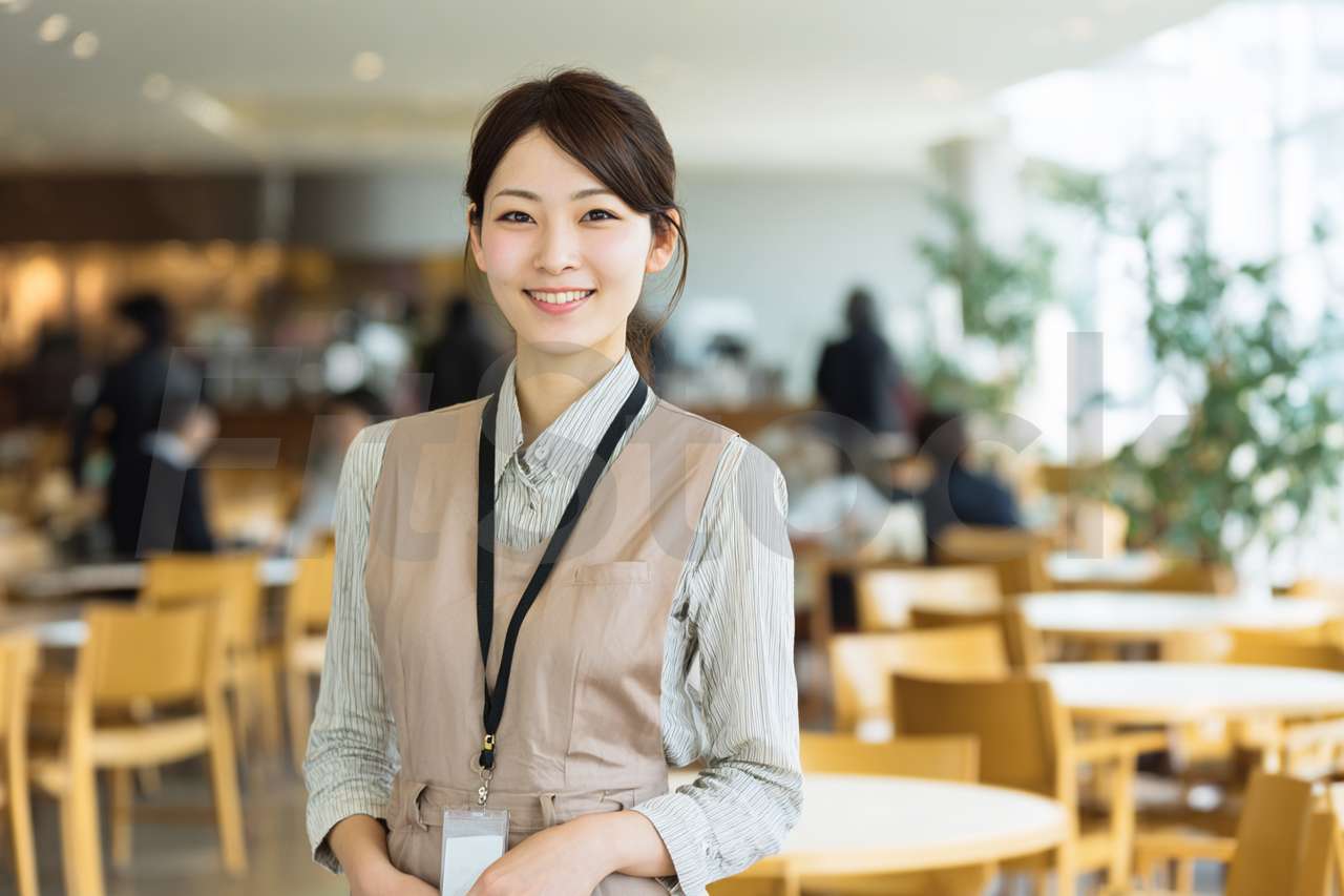 オフィスや飲食店で微笑む日本人女性スタッフ