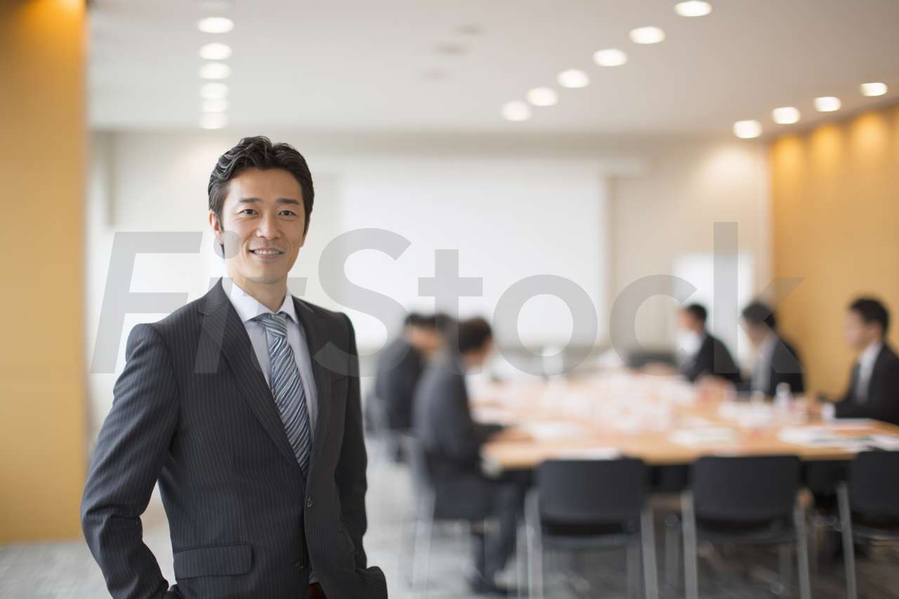 会議室で微笑む日本人ビジネスマン