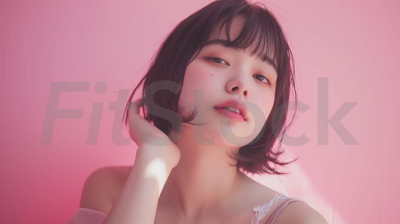 ピンク色の背景に映えるショートヘアの若い女性