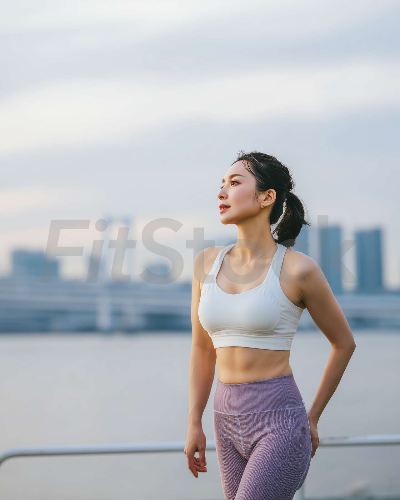 都会の景色を背景にトレーニングウェアを着た健康的な女性