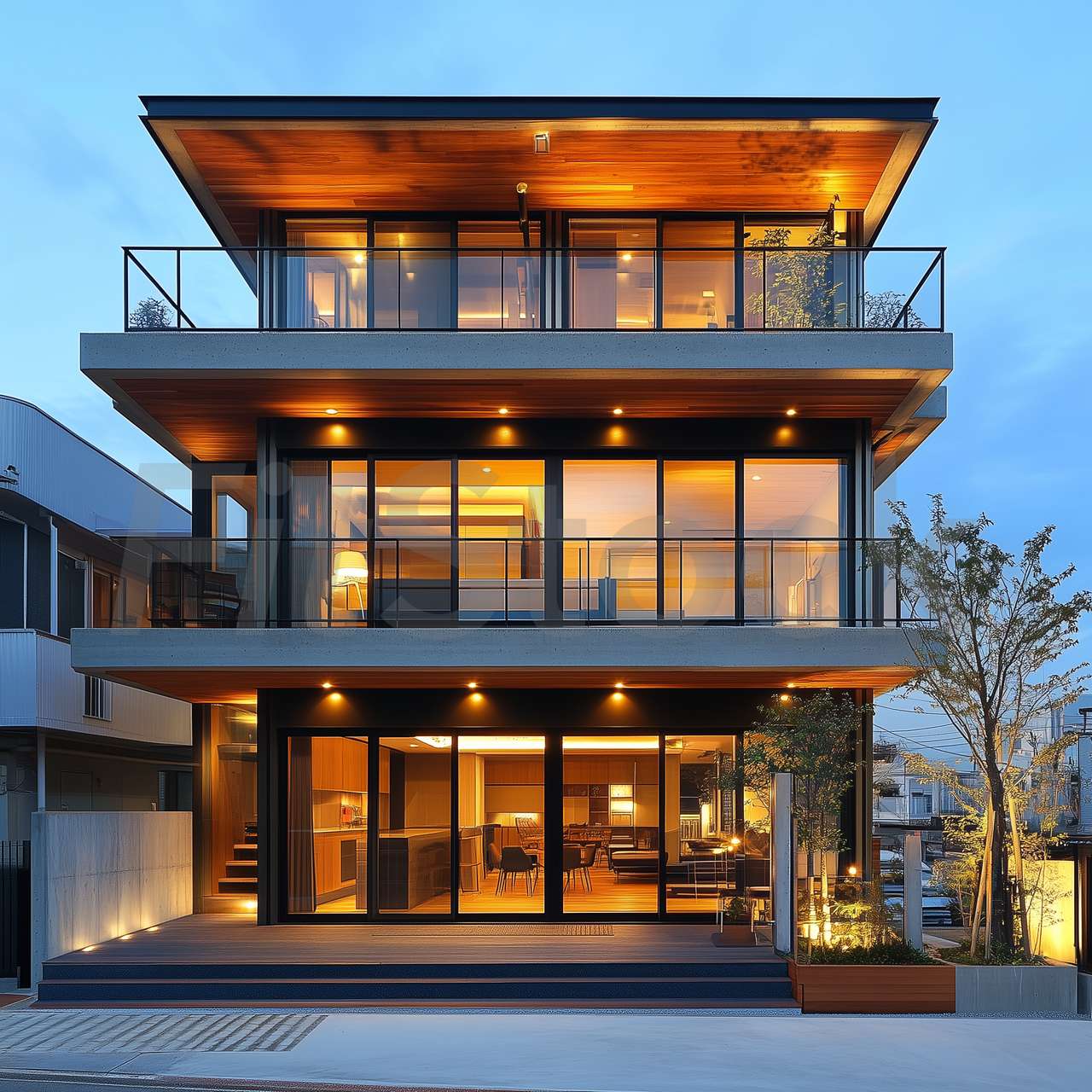 夕暮れ時のモダンな三階建て住宅