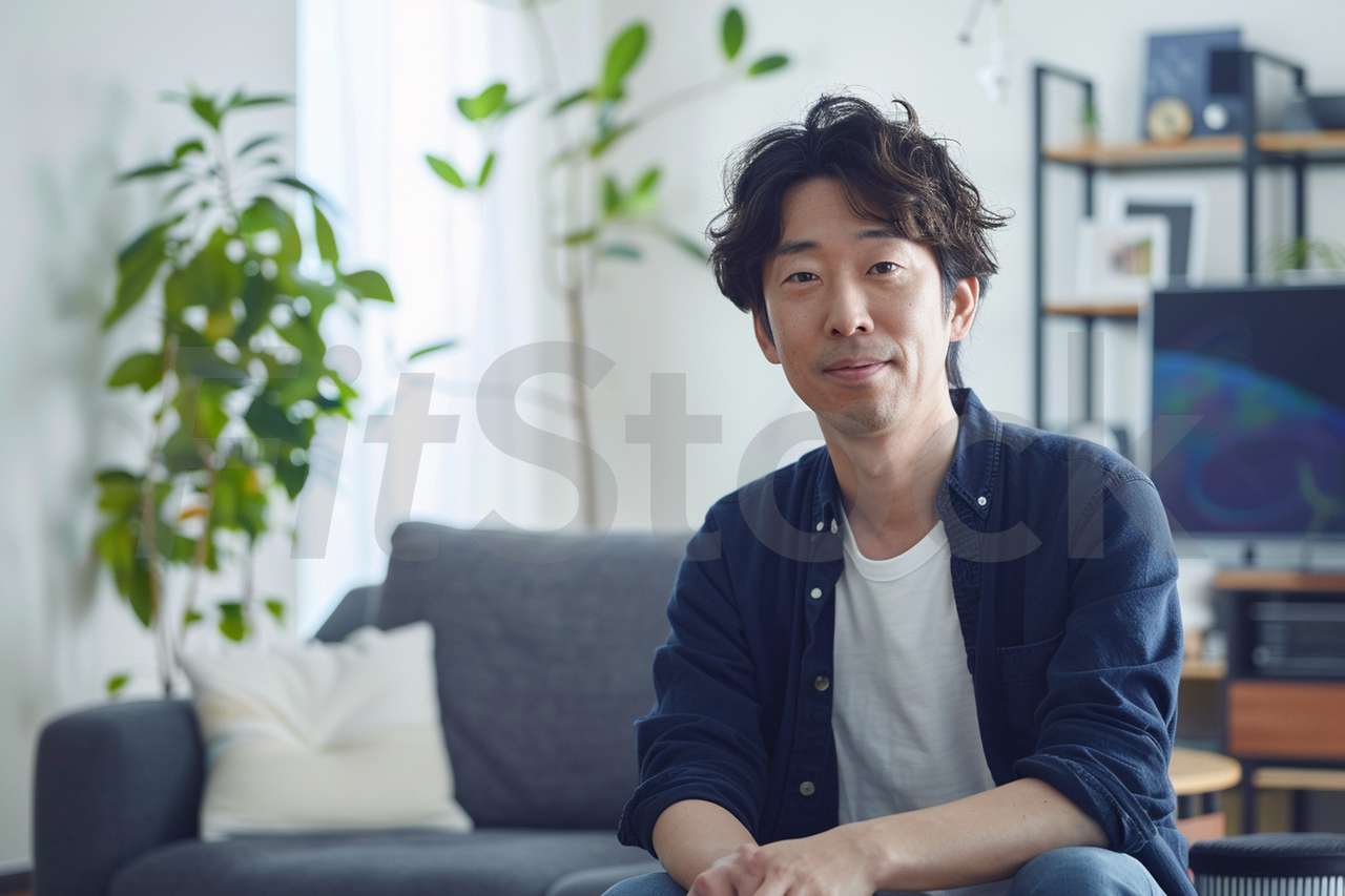 リビングでくつろぐ日本人男性
