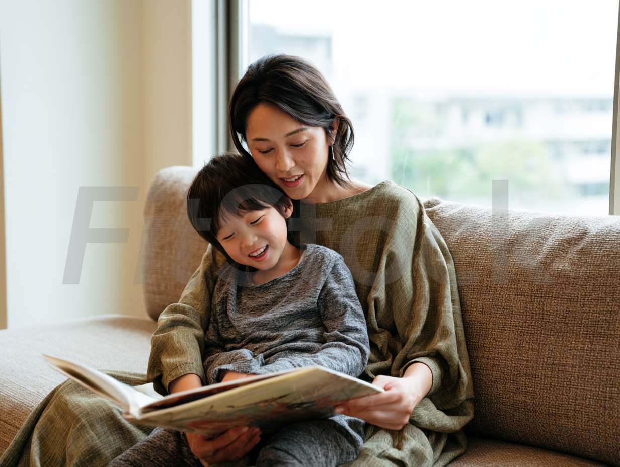 ソファで絵本を読む親子