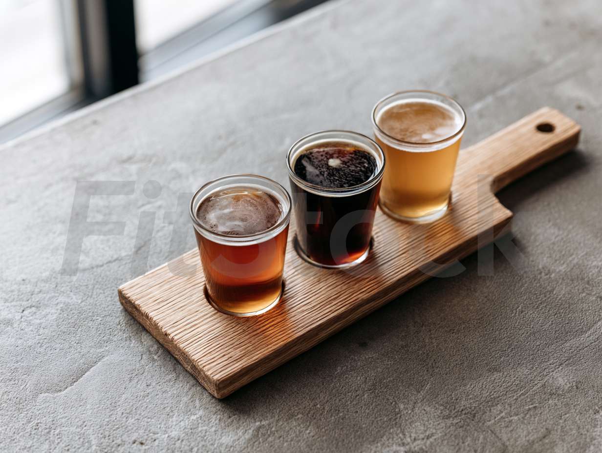 木製のボードに乗った3種類のビールテイスティングセット