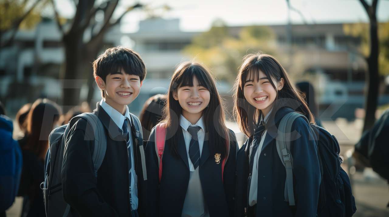 制服を着て笑顔で並ぶ学生の男女3人組