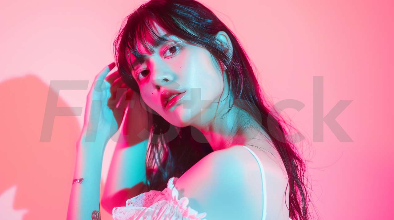 ネオンライティングのポートレートを撮影する美しい女性