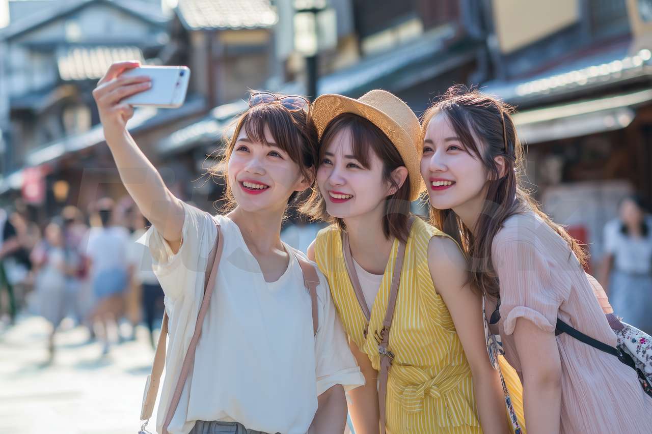 夏の旅行で笑顔の自撮りを楽しむ3人の女性
