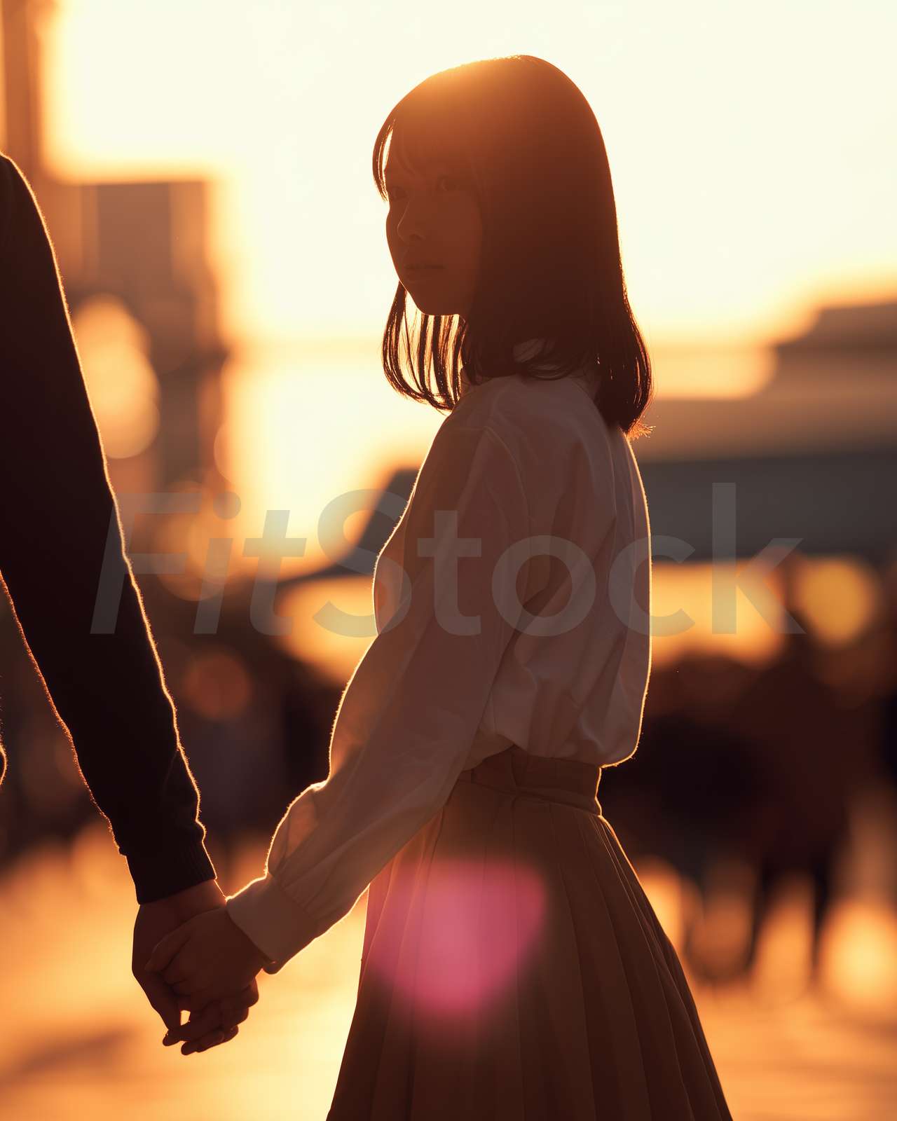 夕暮れ時に手をつなぐ二人