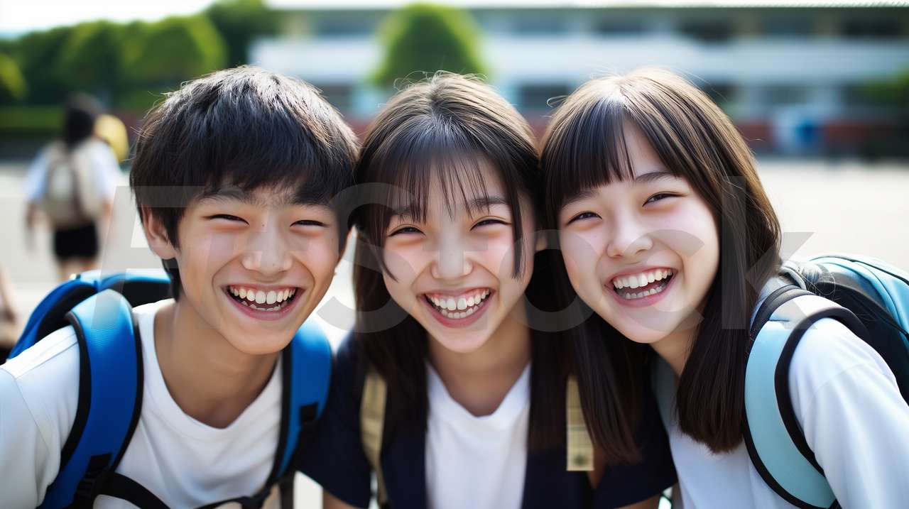 笑顔で仲良く並ぶ学生たち