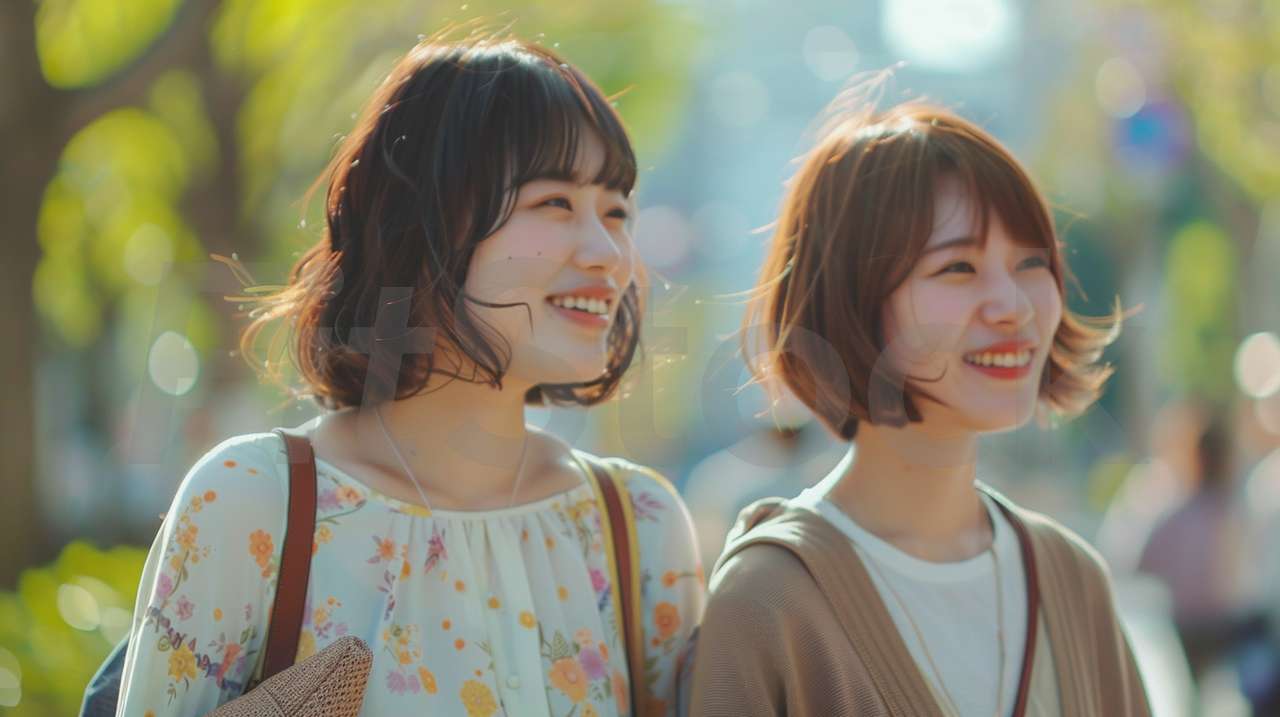 屋外で微笑み合う若い女性の友人二人