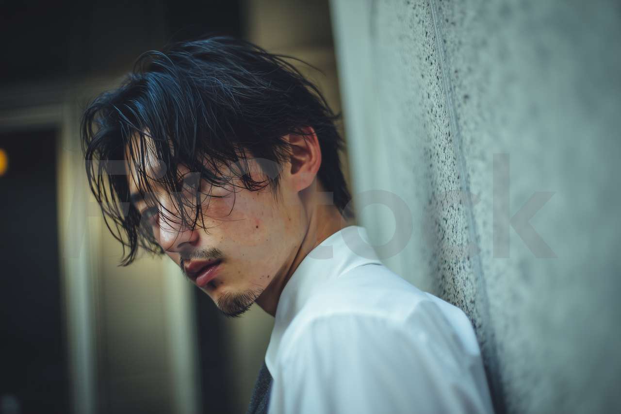 都会の片隅で物思いにふけるアンニュイな男性