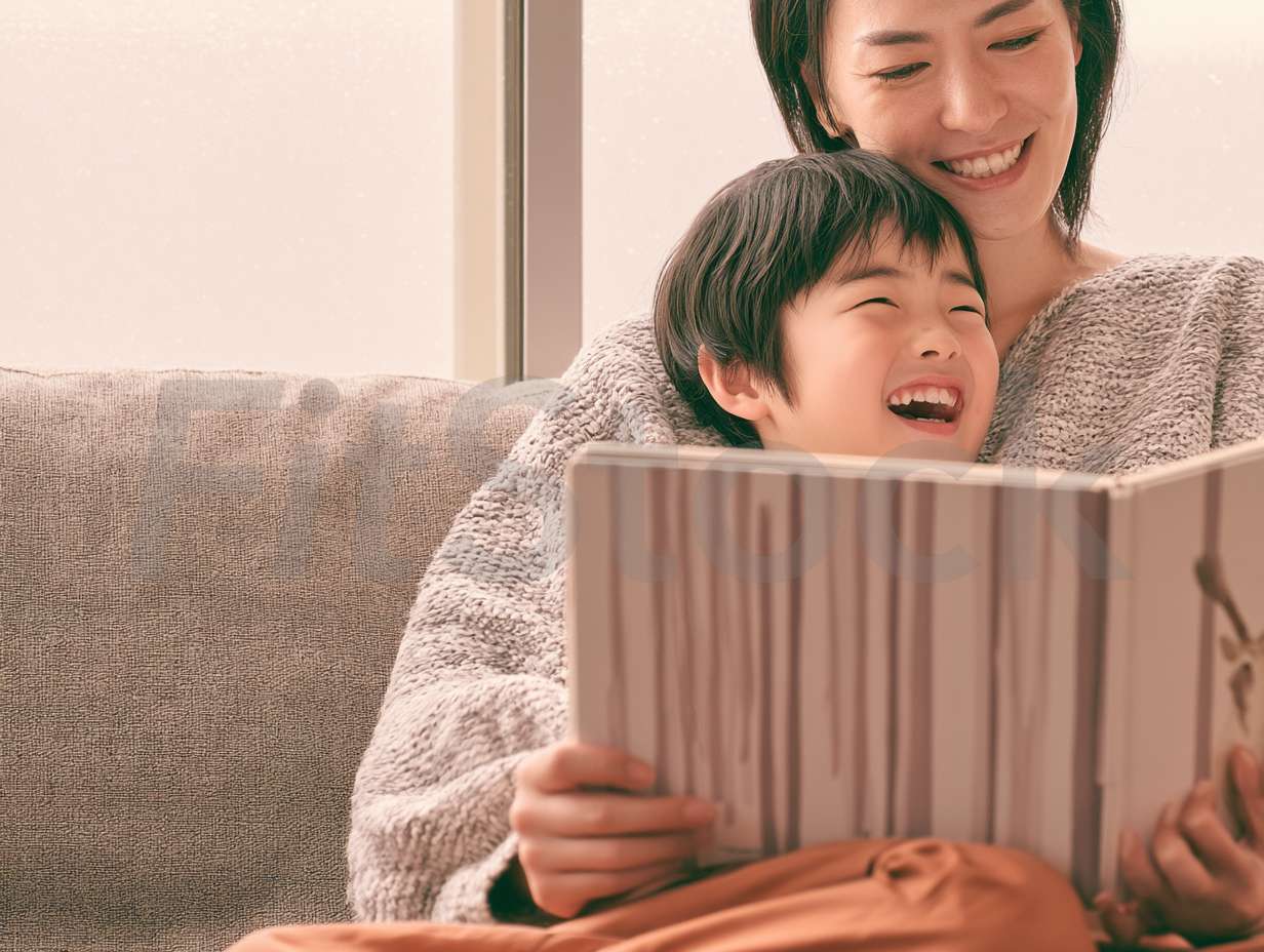 絵本を読んで笑う母と子