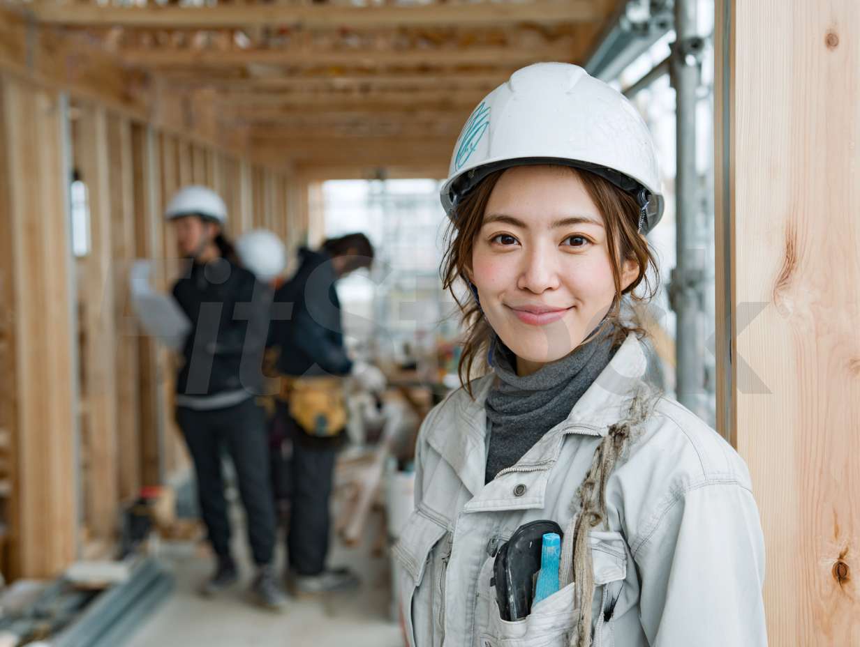 建設現場で微笑む女性作業員
